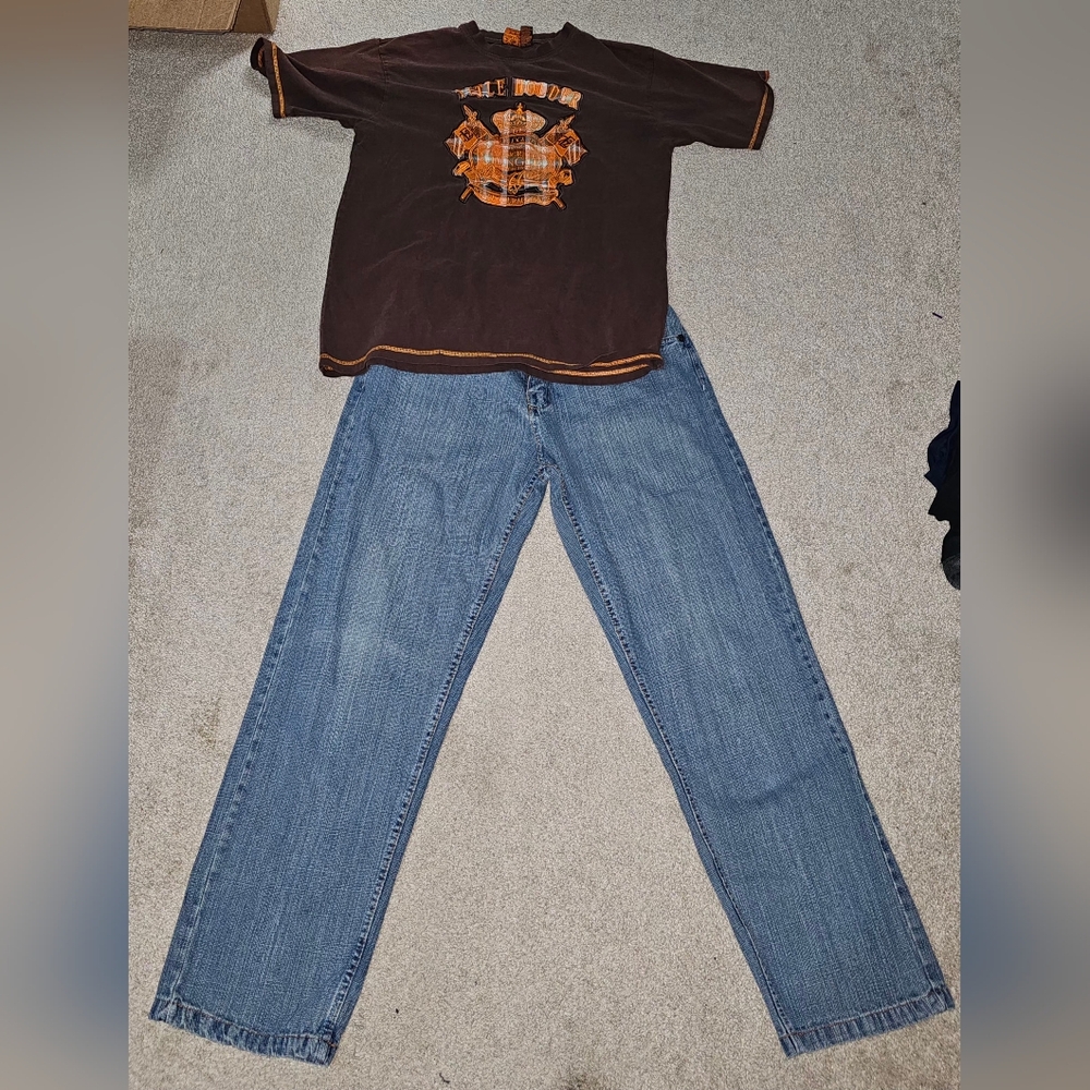 Mens  Evolution Jeans and matching shirt.  Size  36 & XL. Brown and orange